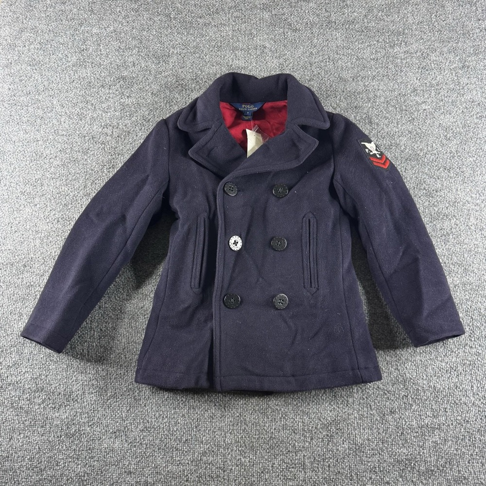 Polo Ralph Lauren Pea Coat Boys 8 Blue Wool Double Breasted Patch S815-0001